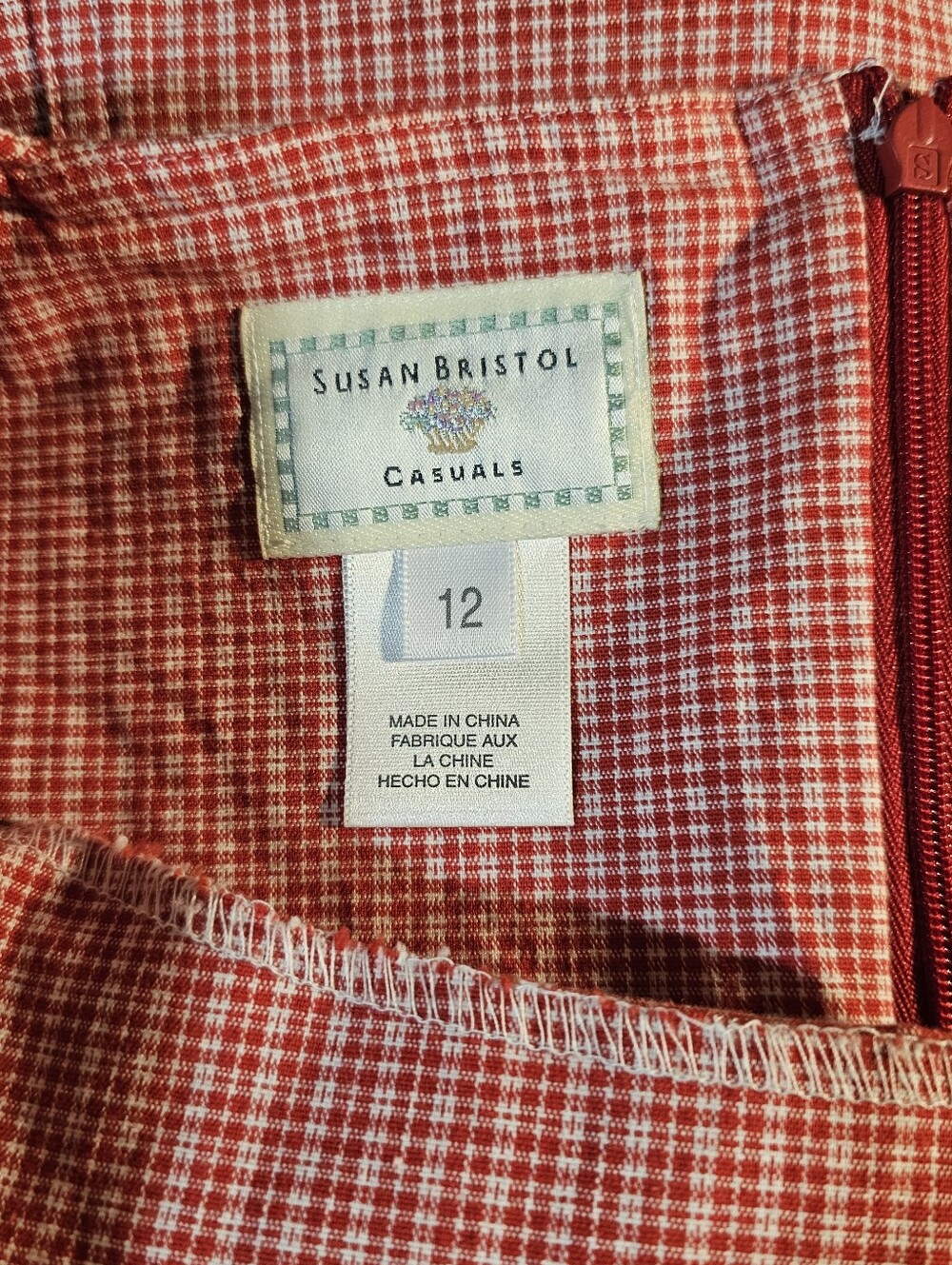 Susan Bristol Casuals Red & White Gingham Embroidered Sleeveless Dress Size 12 - Picture 8 of 8